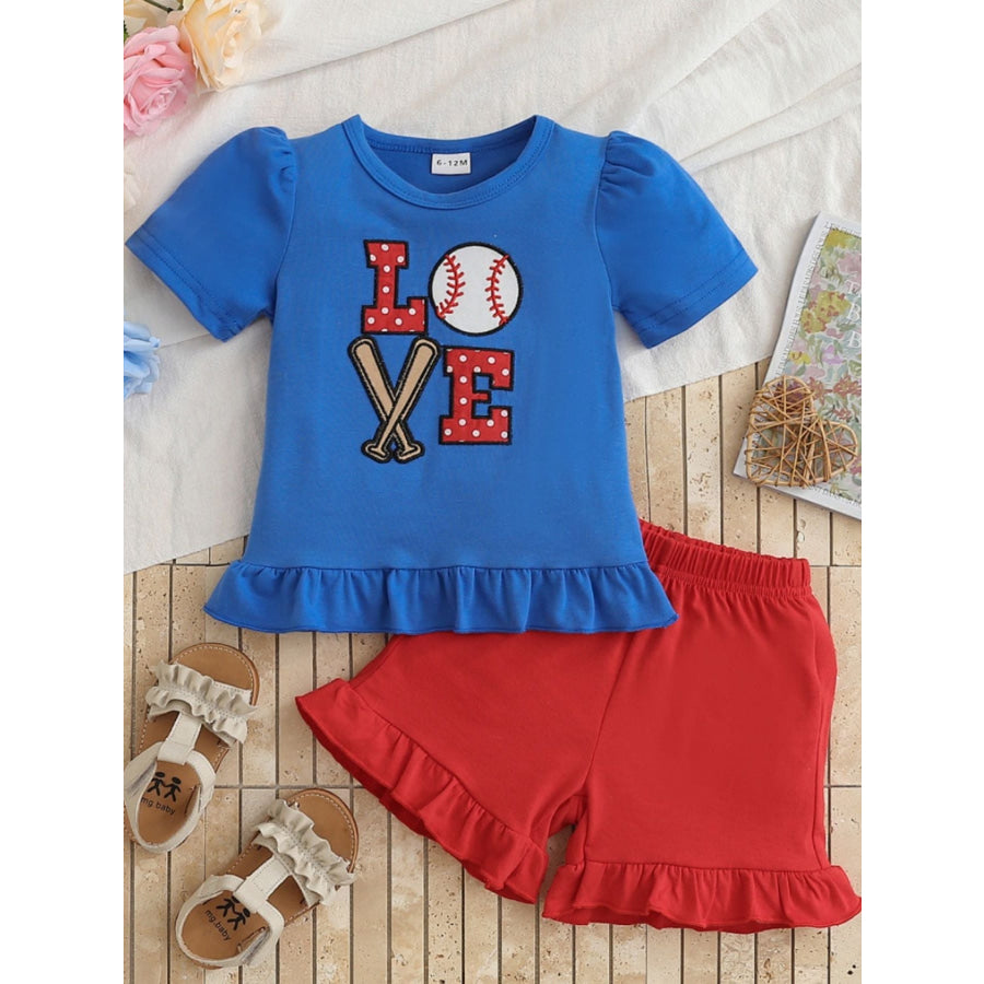 Children’s Baseball Love Graphic Ruffle Trim Tee and Shorts Set Royal Blue / 6-12M Apparel Accessories