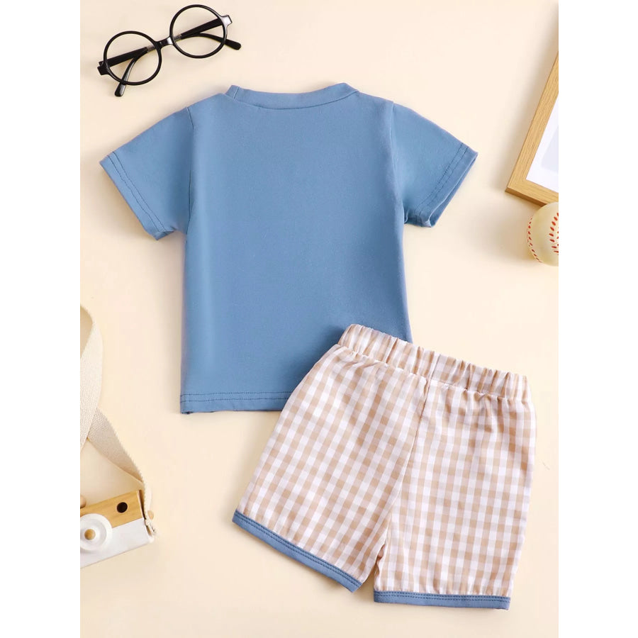 Children’s Baseball Round Neck Top and Plaid Shorts Set Apparel and Accessories