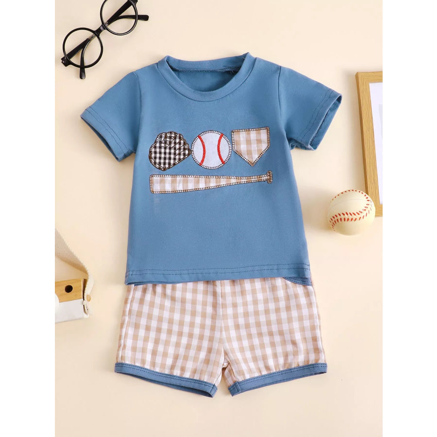 Children’s Baseball Round Neck Top and Plaid Shorts Set Blue / 3-6M Apparel and Accessories