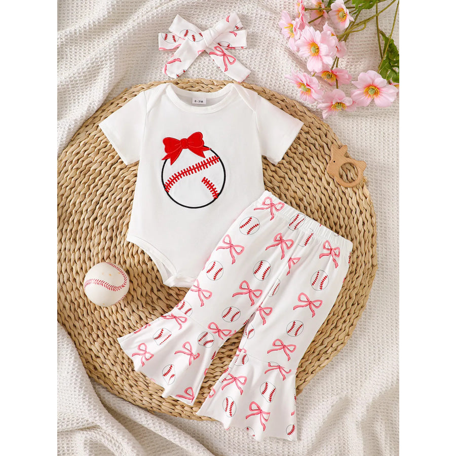 Children’s Baseball Short Sleeve Bodysuit and Bow Pants Set with Headband White / 0-3M Apparel and Accessories