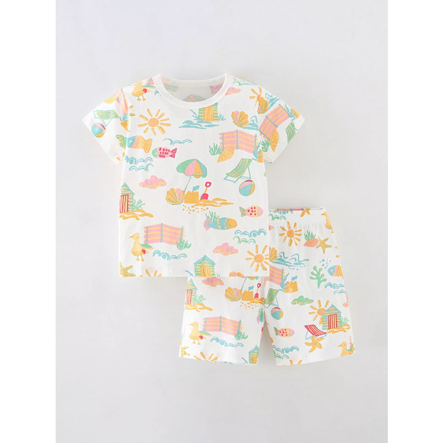 Children’s Beach Print Round Neck Tee and Shorts Set White / 4Y Apparel and Accessories