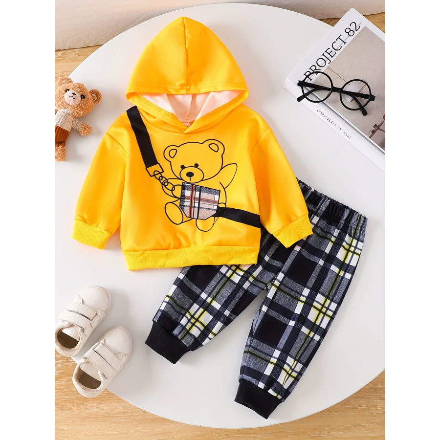 Children’s Bear Graphic Hoodie & Plaid Pants Set Gold / 6-9M Apparel and Accessories