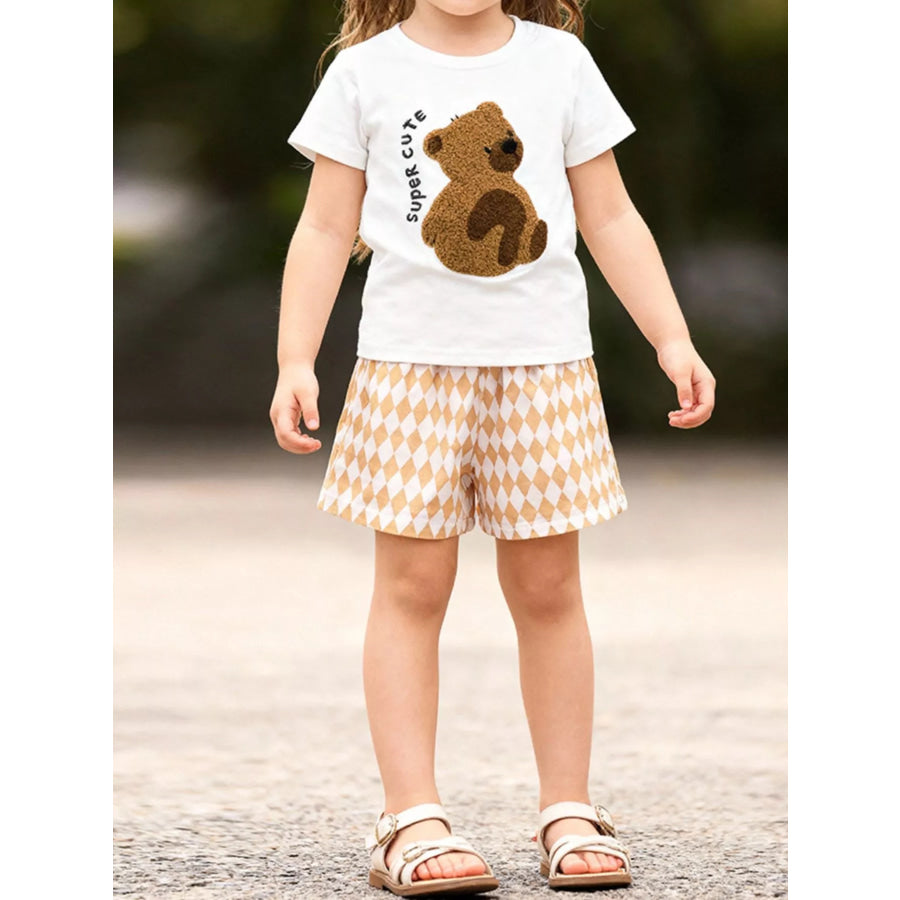 Children’s Bear Graphic Tee & Diamond Pattern Shorts Set Beige / 2Y Apparel and Accessories