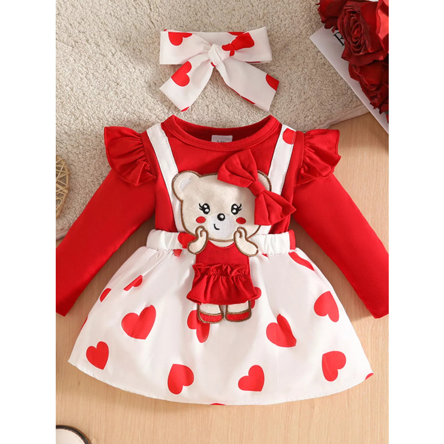 Children’s Bear Heart Print Dress & Headband Set Red / 3-6M Apparel and Accessories