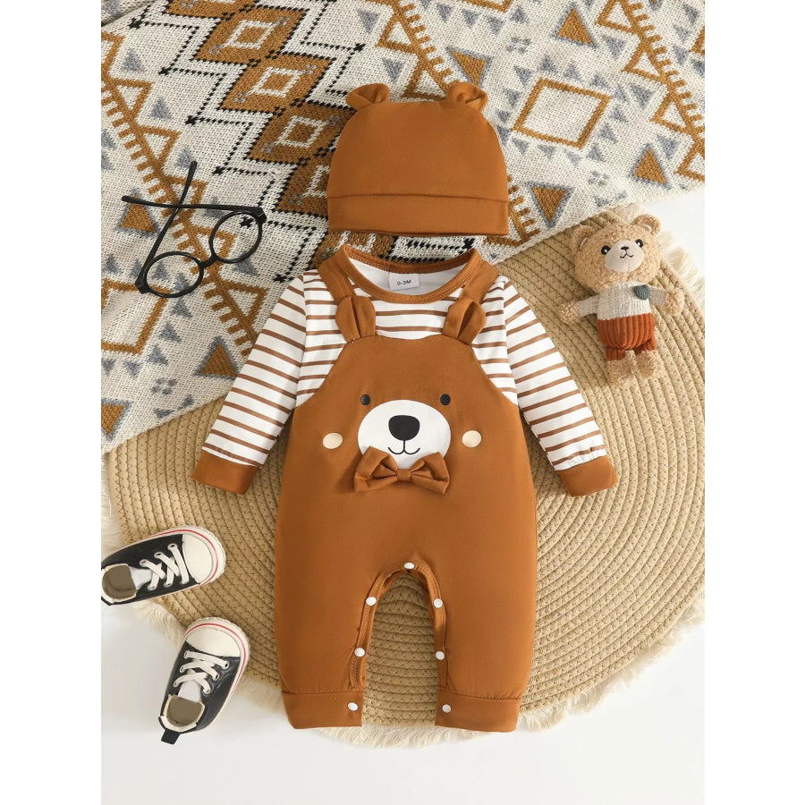 Children’s Bear Pattern Long Sleeve Jumpsuit and Hat Set Earthy Yellow / 0-3M Apparel Accessories