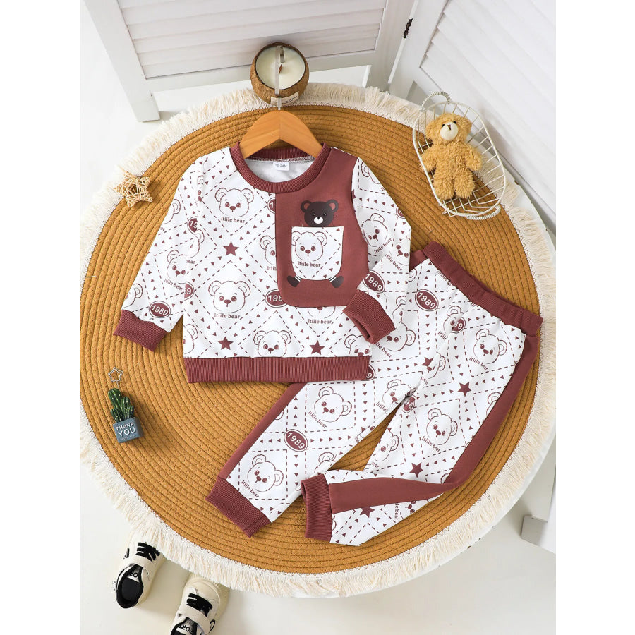 Children’s Bear Print Long Sleeve Sweatshirt and Pants Set Dark Brown / 12-18M Apparel Accessories