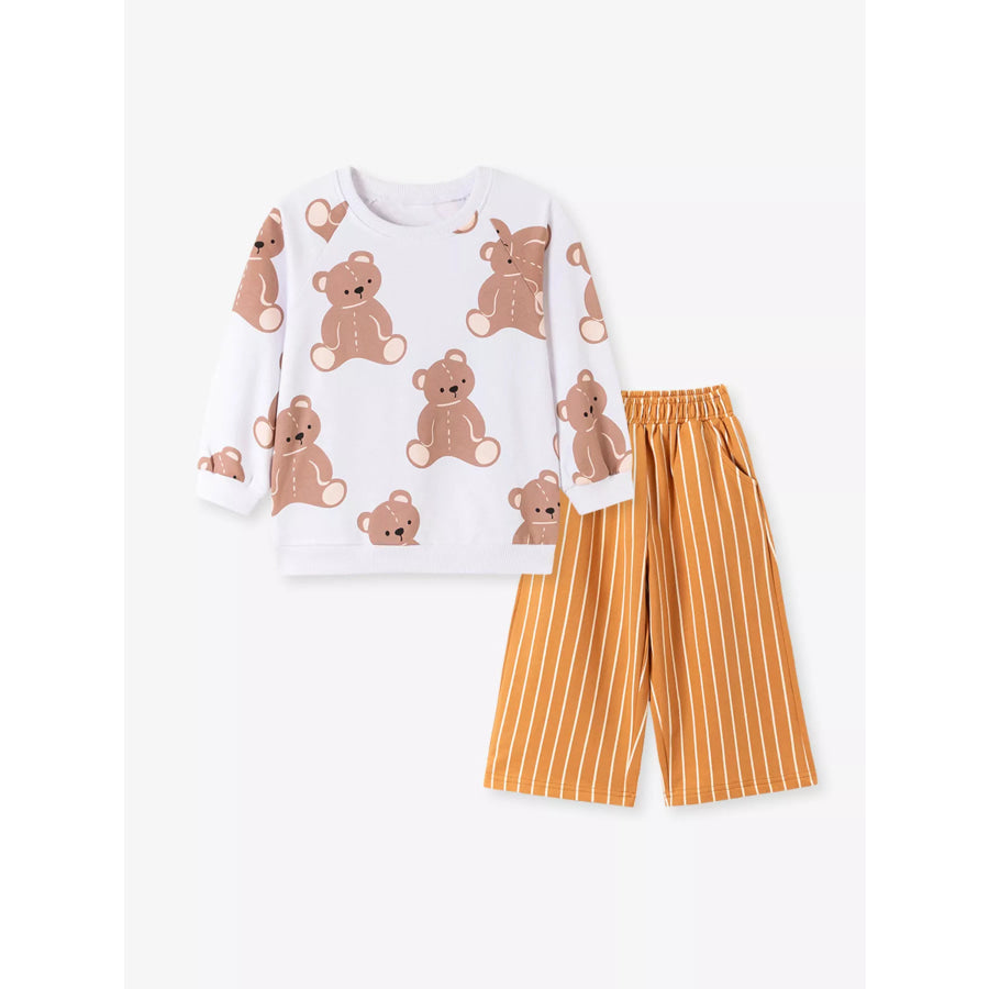 Children’s Bear Print Sweatshirt and Striped Wide-Leg Pants Set Apparel and Accessories