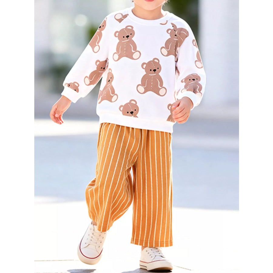 Children’s Bear Print Sweatshirt and Striped Wide-Leg Pants Set White / 2Y Apparel and Accessories