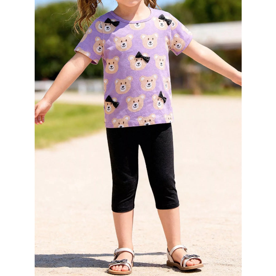 Children’s Bear Print Top & Capri Leggings Set Lavender / 2Y Apparel and Accessories