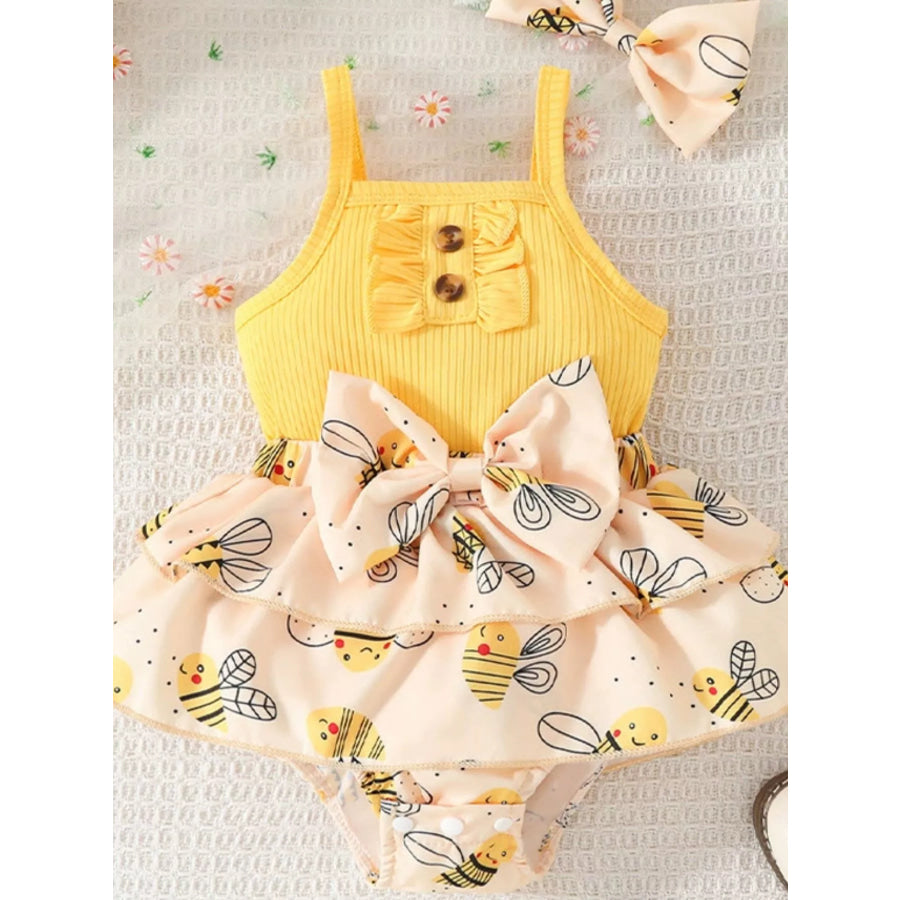 Children’s Bee Print Ruffle Trim One-Piece Bodysuit Dress Yellow / 0-3M Apparel and Accessories