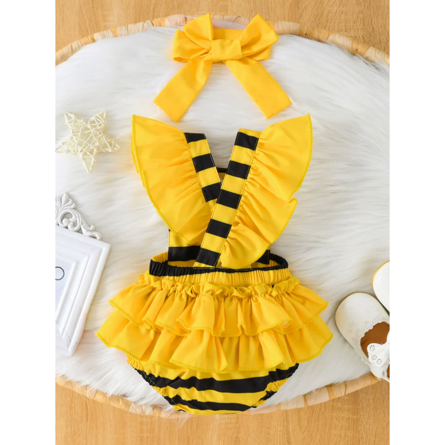 Children’s Bee Striped Ruffle Bodysuit Dress with Headband Apparel and Accessories