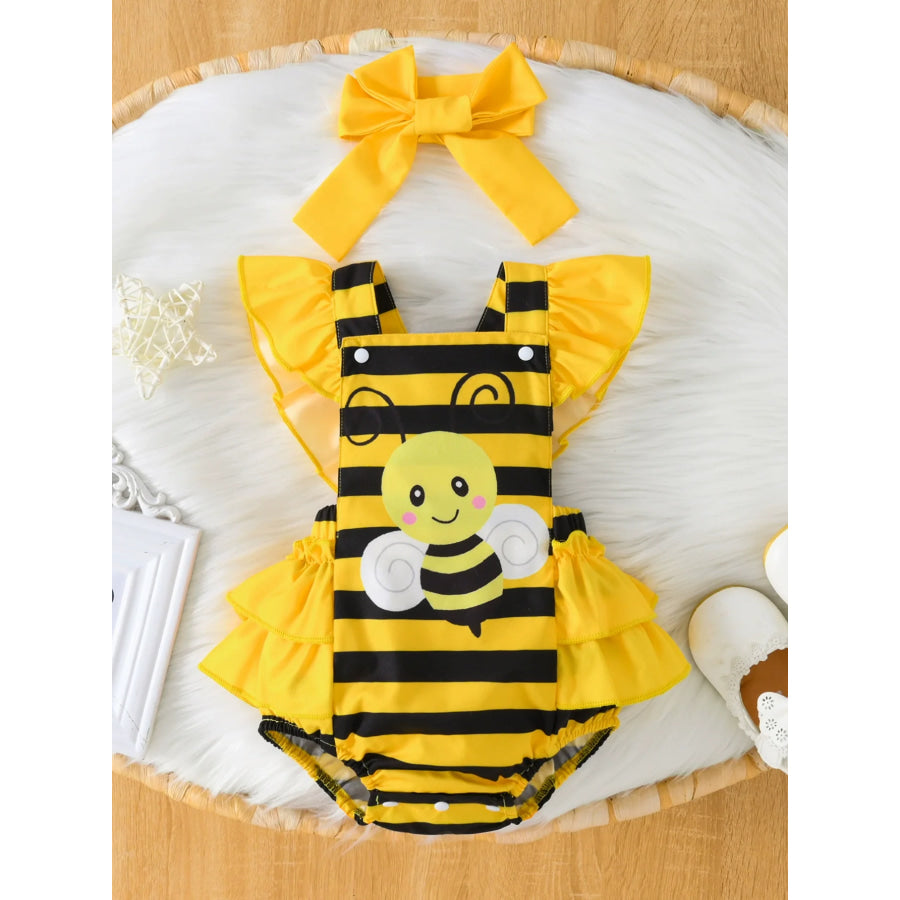 Children’s Bee Striped Ruffle Bodysuit Dress with Headband Yellow / 0-3M Apparel and Accessories