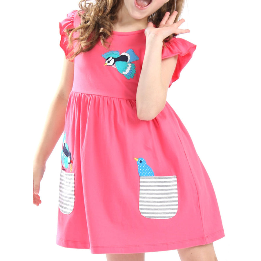 Children’s Bird Applique Pocket Ruffle Sleeve Dress Apparel and Accessories