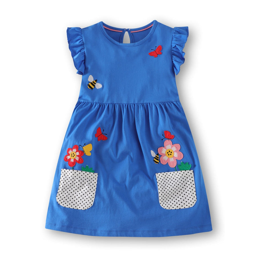 Children’s Bird Applique Pocket Ruffle Sleeve Dress Apparel and Accessories