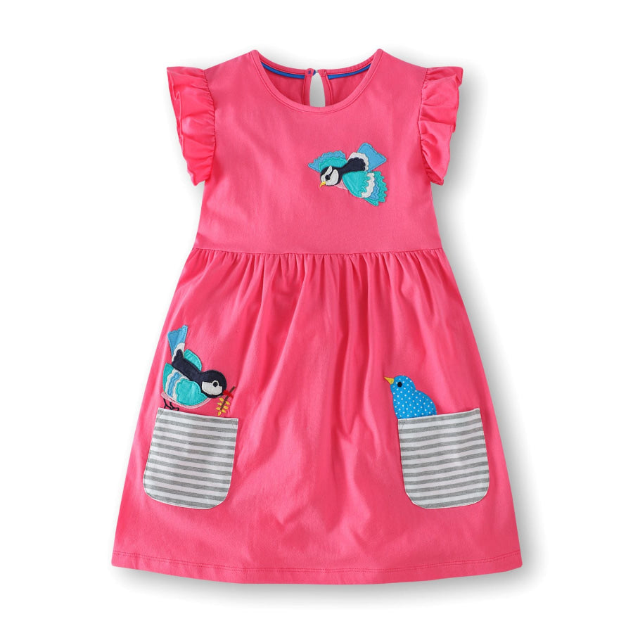 Children’s Bird Applique Pocket Ruffle Sleeve Dress Apparel and Accessories