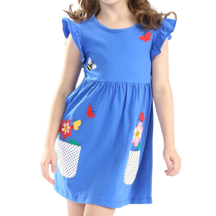 Children’s Bird Applique Pocket Ruffle Sleeve Dress Blue / 3Y Apparel and Accessories