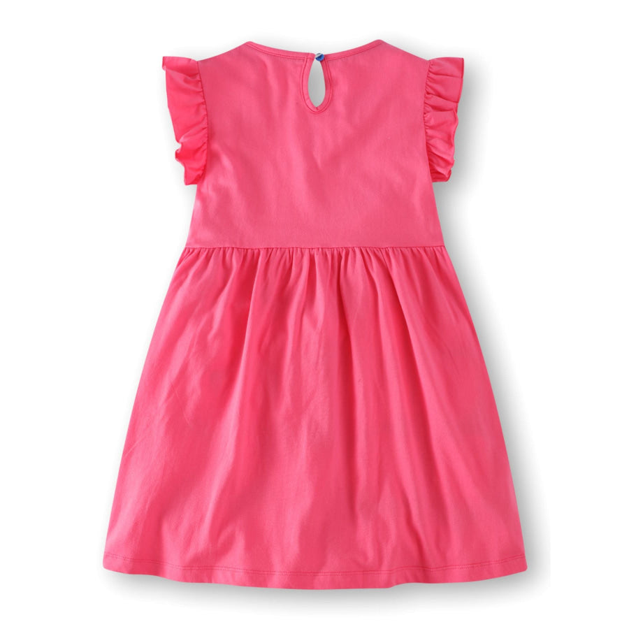 Children’s Bird Applique Pocket Ruffle Sleeve Dress Strawberry / 3Y Apparel and Accessories