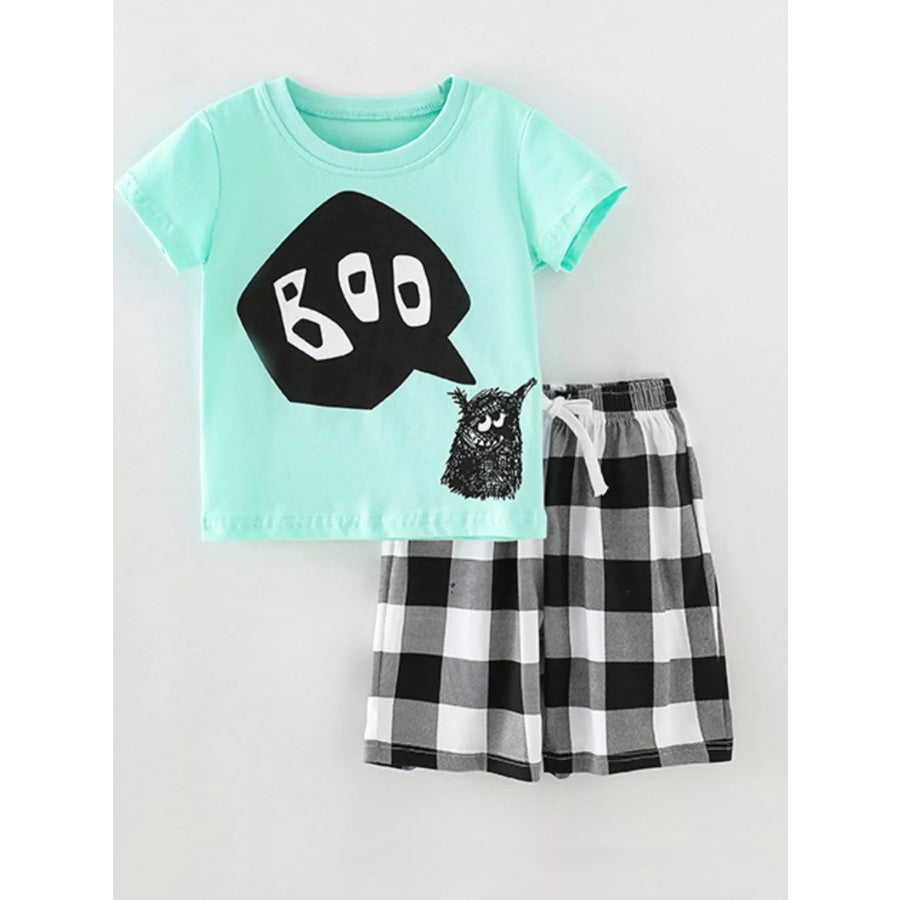 Children’s BOO Monster Graphic T-shirt and Plaid Shorts Set Turquoise / 3Y Apparel Accessories