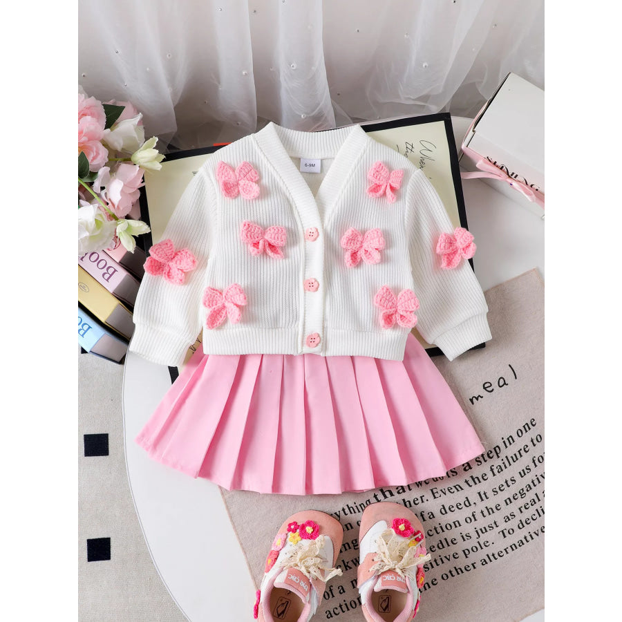 Children’s Bow Button Up Cardigan and Pleated Skirt Set Pink / 6-9M Apparel Accessories