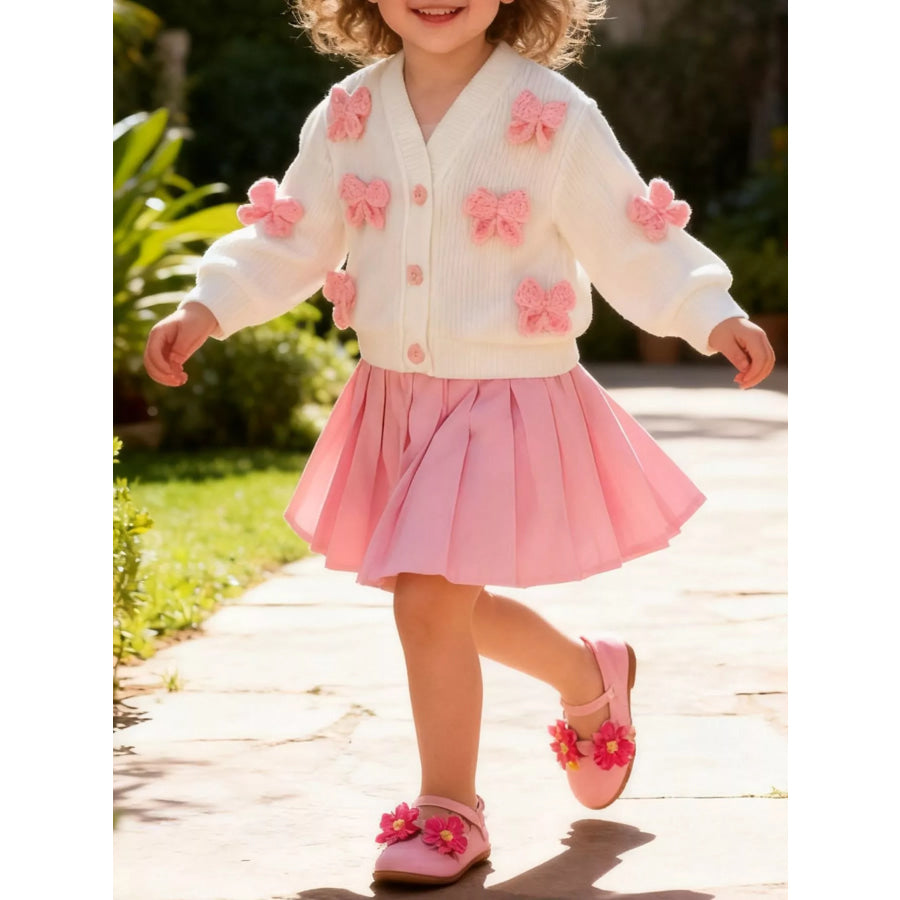 Children’s Bow Button Up Cardigan and Pleated Skirt Set Pink / 6-9M Apparel and Accessories