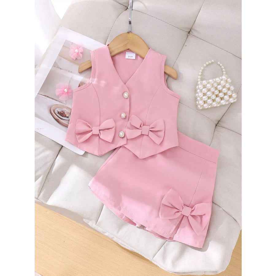 Children’s Bow Button Up Vest and Skirt Set Pink / 2-3Y Apparel and Accessories