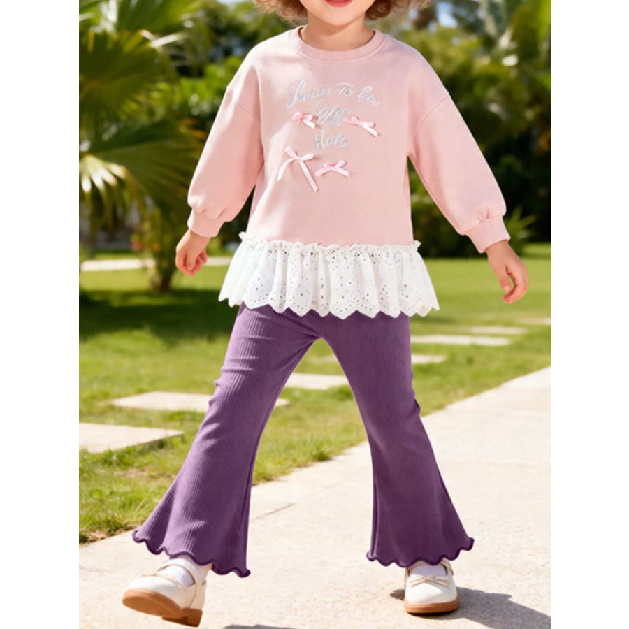 Children’s Bow-Embellished Sweatshirt and Flare Pants Set Dusty Pink / 2Y Apparel and Accessories