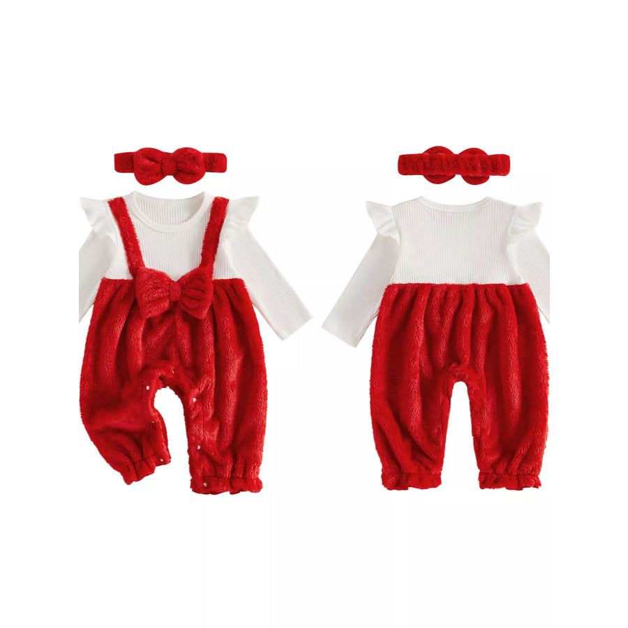 Children’s Bow Fuzzy Overalls and Headband Set Red / 0-3M Apparel Accessories