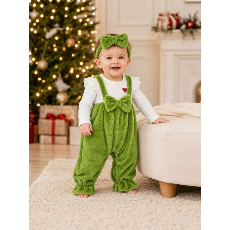 Children’s Bow Fuzzy Overalls and Headband Set Apparel Accessories