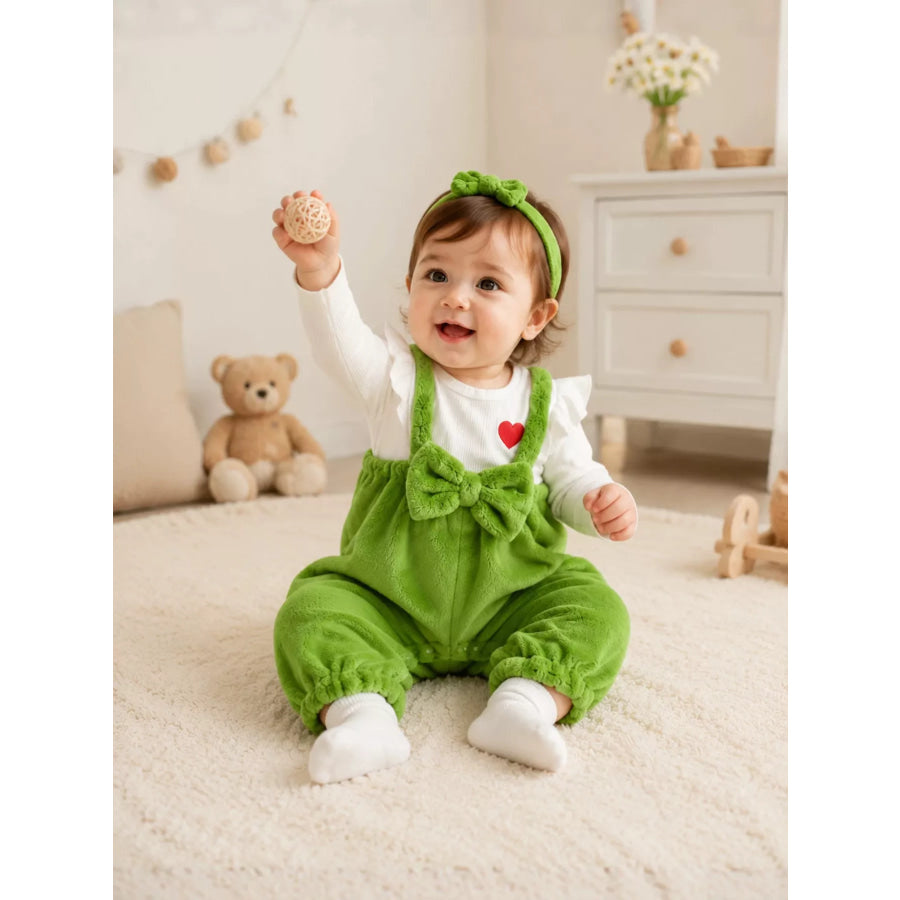 Children’s Bow Fuzzy Overalls and Headband Set Green / 0-3M Apparel Accessories