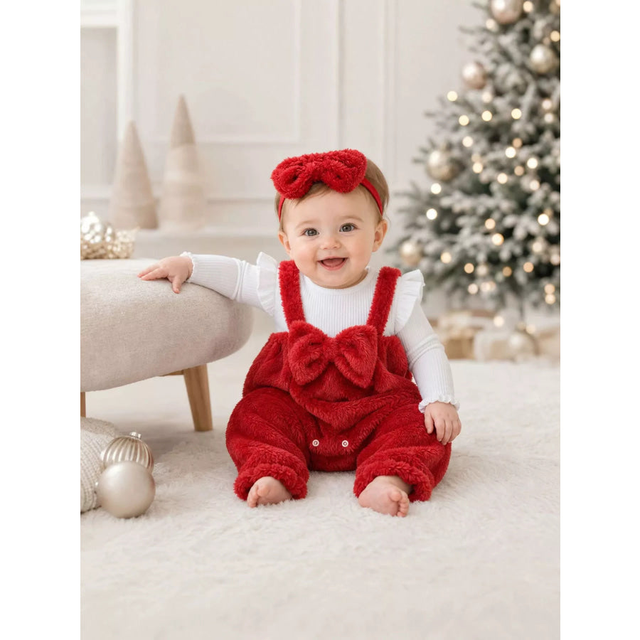 Children’s Bow Fuzzy Overalls and Headband Set Red / 0-3M Apparel Accessories