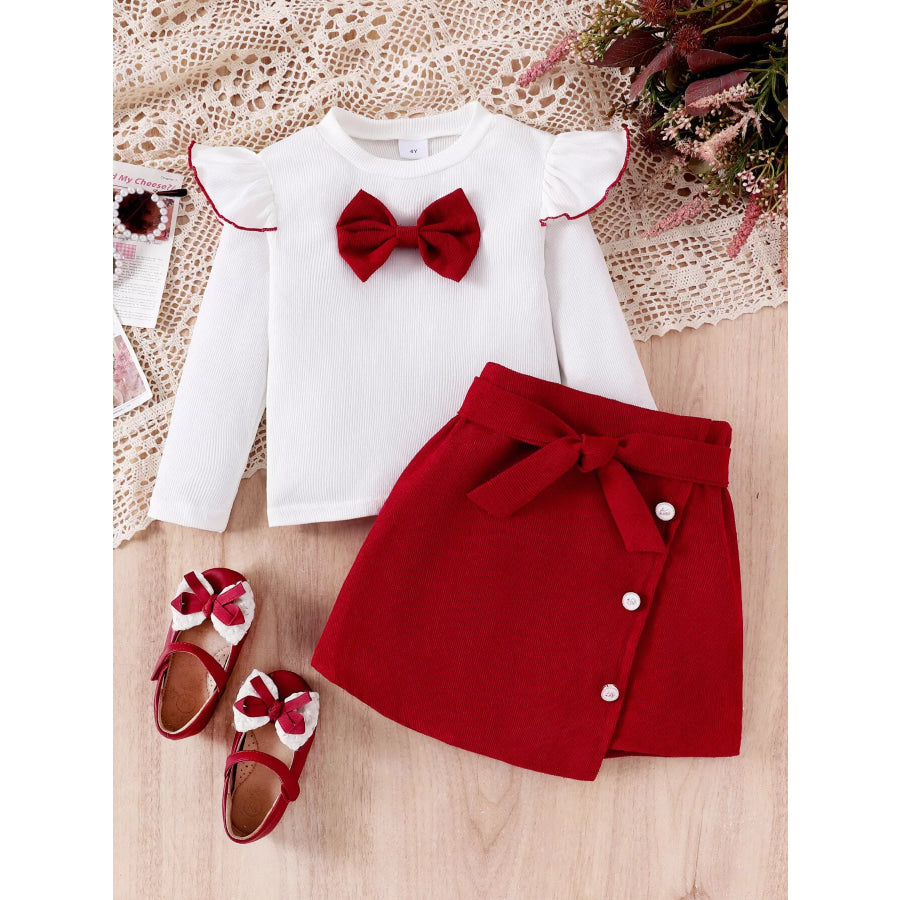 Children’s Bow Long Sleeve Top and Skirt Set White / 4Y Apparel and Accessories