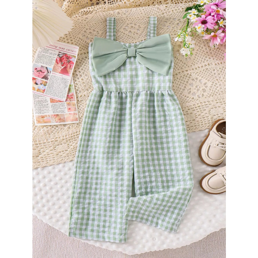 Children’s Bow Plaid Wide Strap Jumpsuit Green / 12-18M Apparel and Accessories