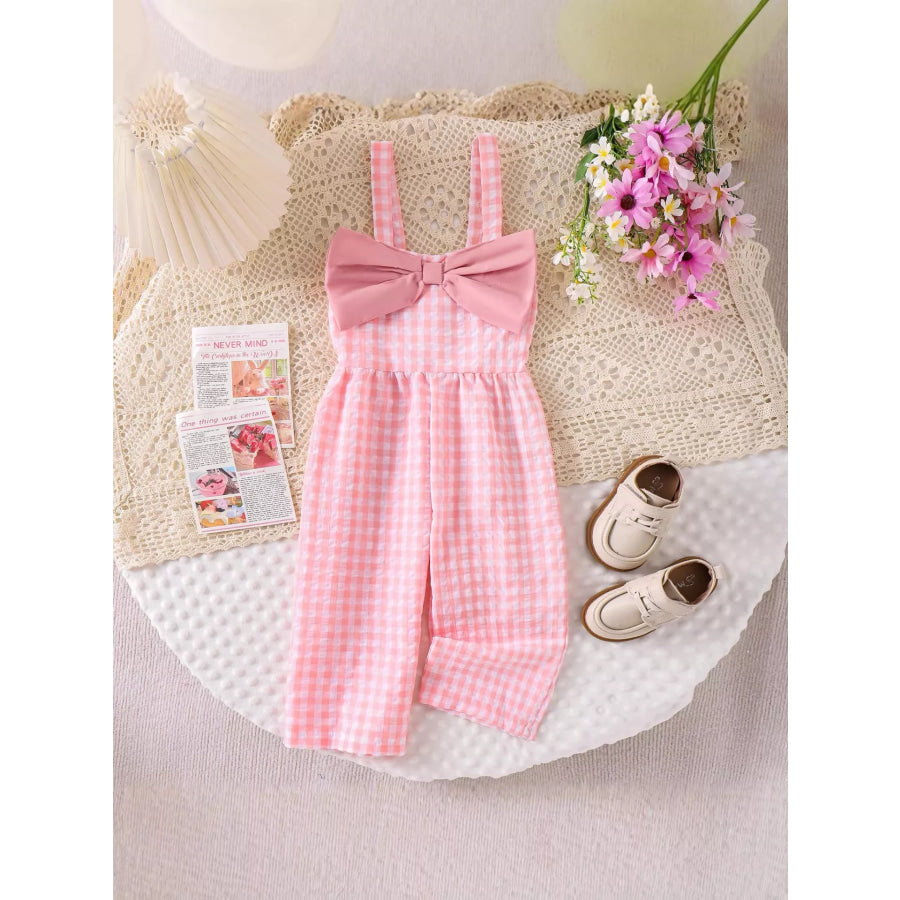 Children’s Bow Plaid Wide Strap Jumpsuit Pink / 12-18M Apparel and Accessories