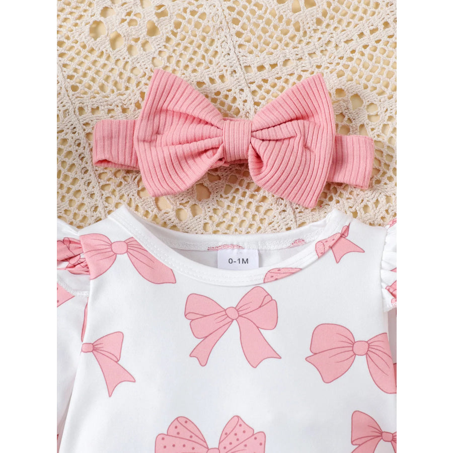 Children’s Bow Print Bodysuit and Pants Set with Headband Apparel and Accessories