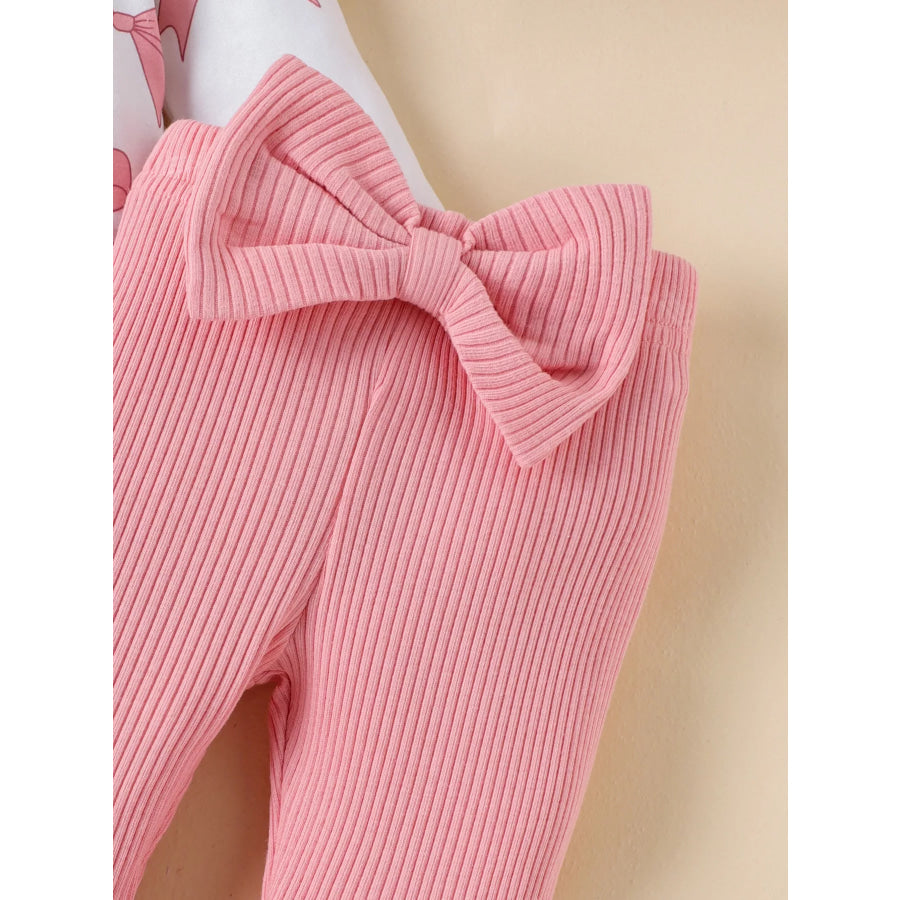 Children’s Bow Print Bodysuit and Pants Set with Headband Apparel and Accessories