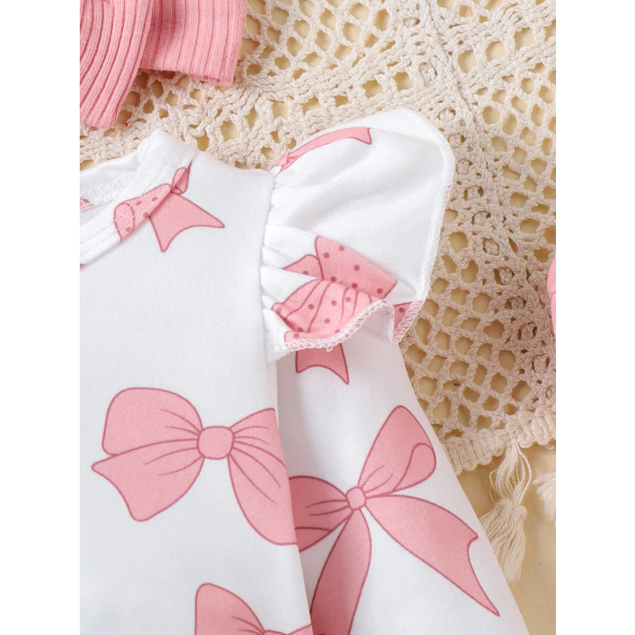 Children’s Bow Print Bodysuit and Pants Set with Headband Apparel and Accessories