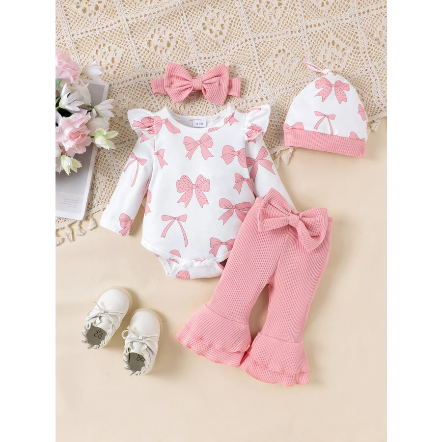 Children’s Bow Print Bodysuit and Pants Set with Headband Pink / 0-1M Apparel and Accessories