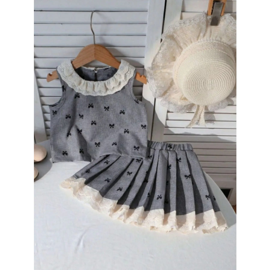 Children’s Bow Print Lace Trimmed Top and Skirt Set Grey / 4Y Apparel and Accessories