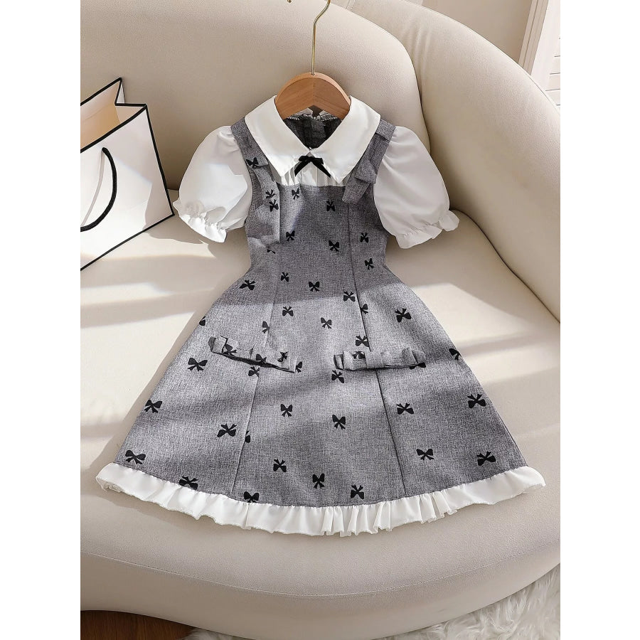 Children’s Bow Print Puff Sleeve Dress Gray / 4Y Apparel and Accessories