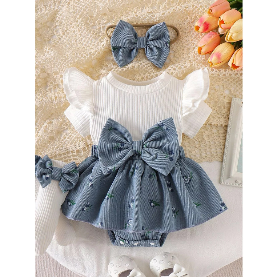 Children’s Bow Ribbed Knit Dress & Headband & Socks Set Blue / 0-3M Apparel and Accessories