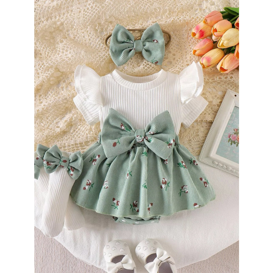 Children’s Bow Ribbed Knit Dress & Headband & Socks Set Green / 0-3M Apparel and Accessories