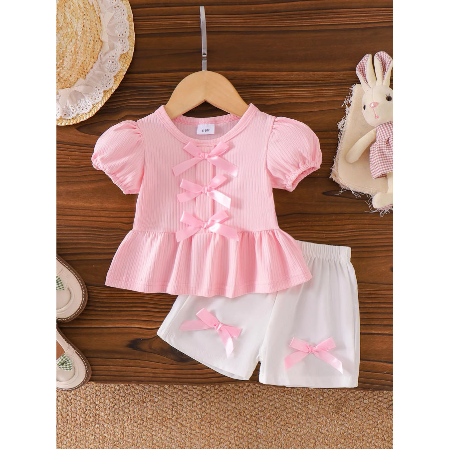 Children’s Bow Ribbed Top and Shorts Set Pink / 6-9M Apparel and Accessories