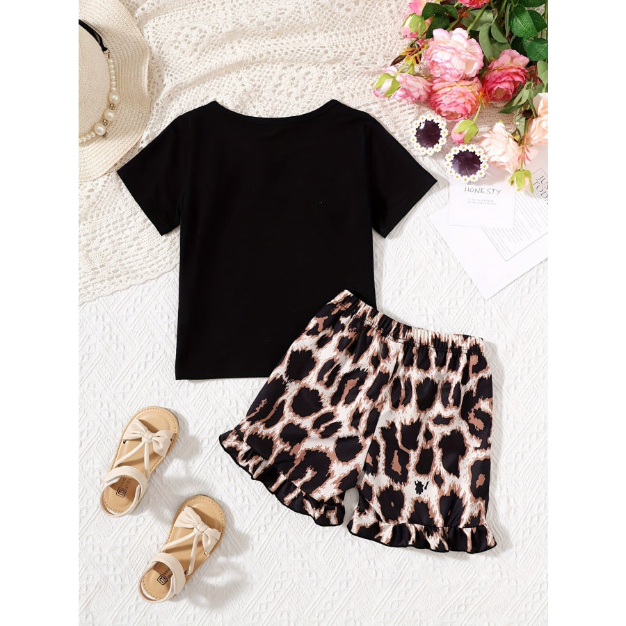 Children’s Bow Round Neck Tee and Leopard Shorts Set Apparel and Accessories