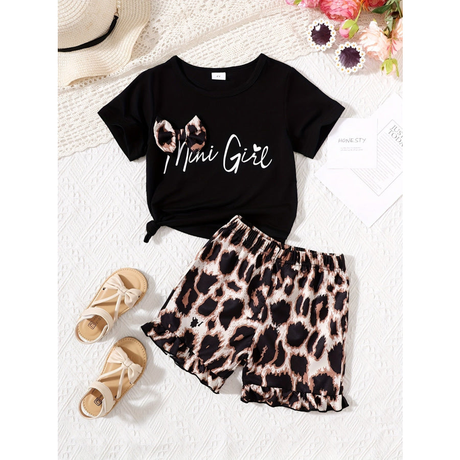 Children’s Bow Round Neck Tee and Leopard Shorts Set Black / 4Y Apparel and Accessories