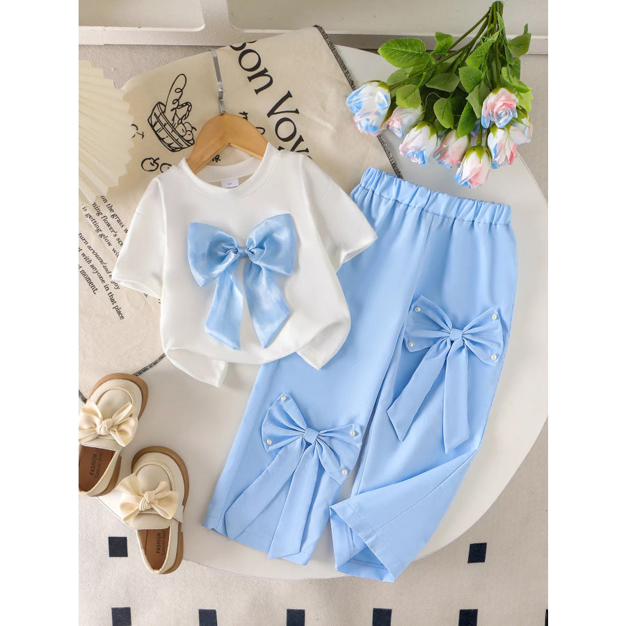 Children’s Bow Round Neck Top and Pants Set Blue / 4Y Apparel and Accessories