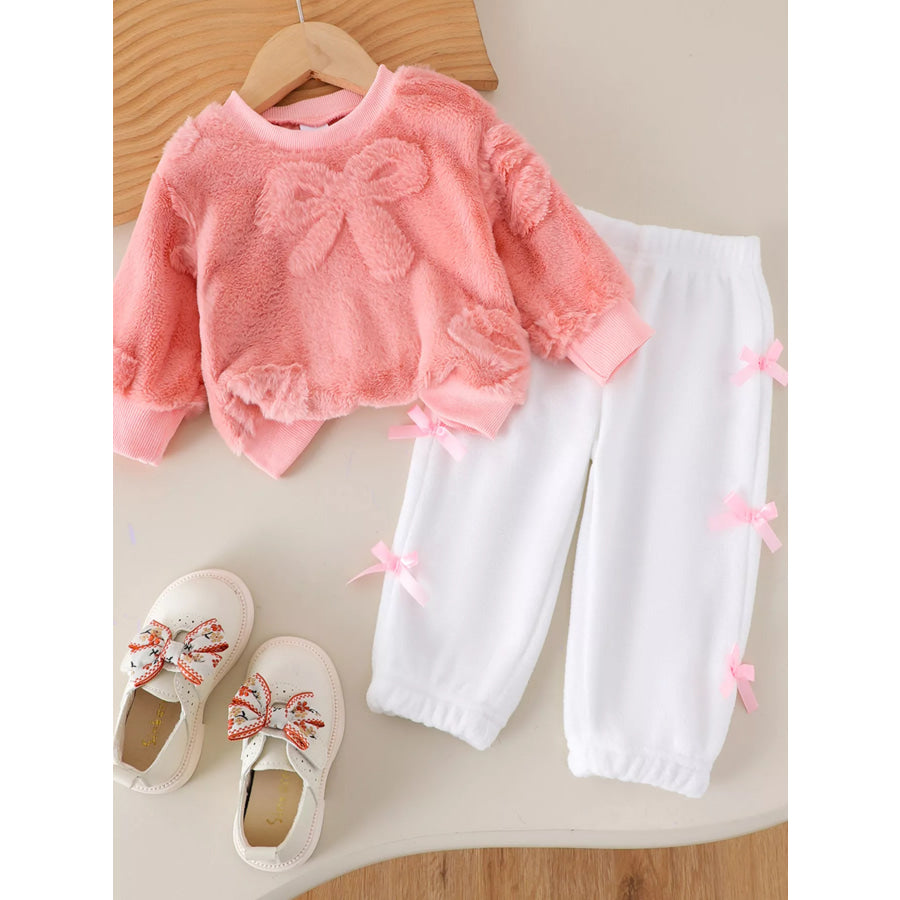 Children’s Bow Round Neck Top and Pants Set Pink / 6-9M Apparel and Accessories