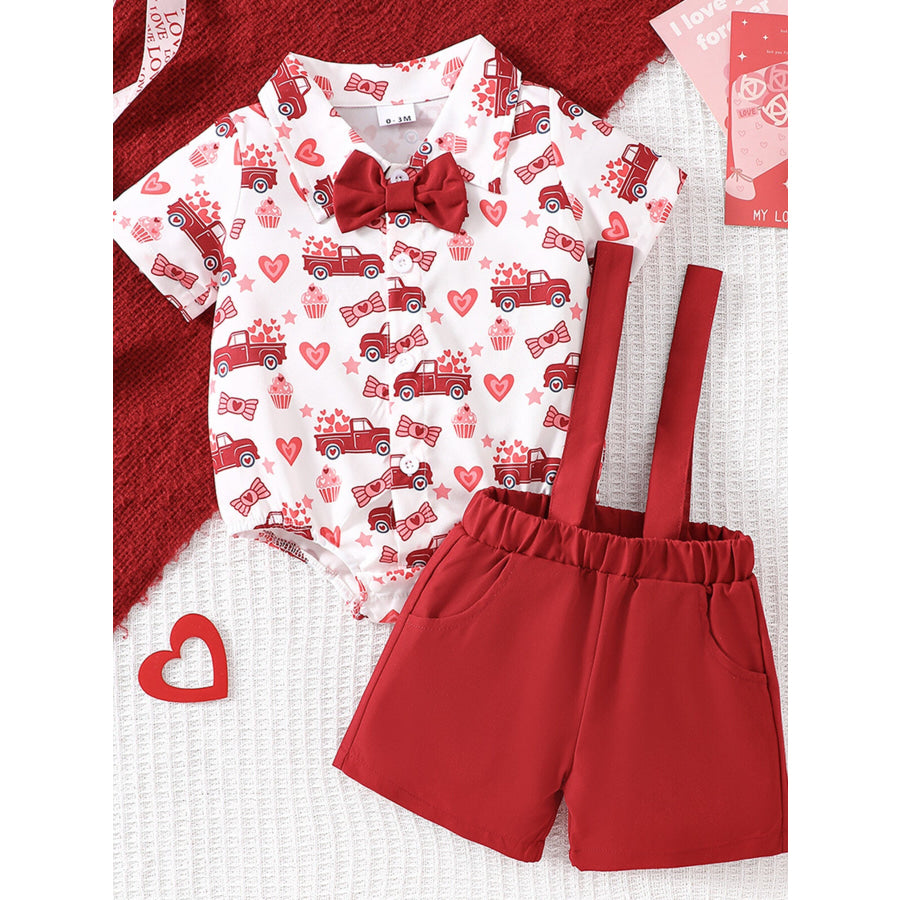 Children’s Bowknot Decor Bodysuit and Suspender Shorts Set Apparel and Accessories