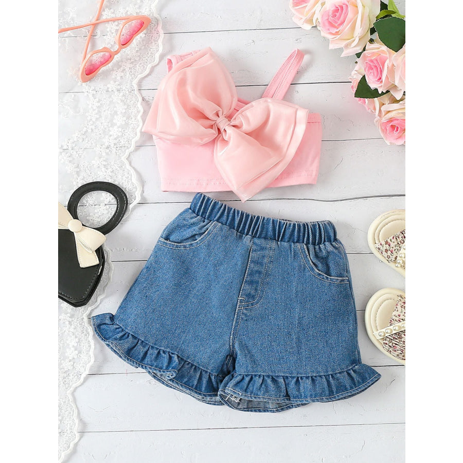 Children’s Bowknot Decor Top & Ruffle Hem Denim Shorts Set Pink / 6-12M Apparel and Accessories