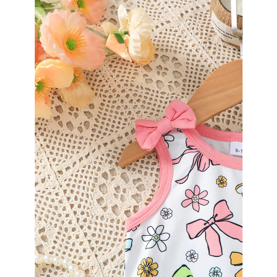 Children’s Bowknot & Floral Print Sleeveless Top and Shorts Set Apparel Accessories