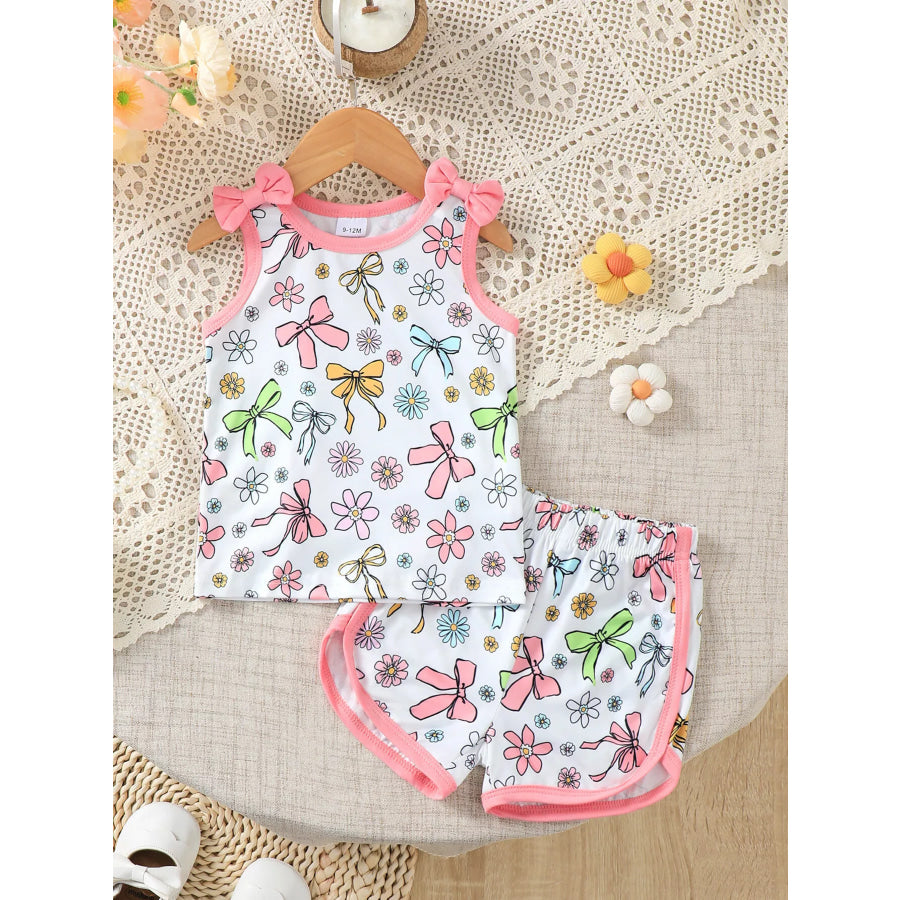 Children’s Bowknot & Floral Print Sleeveless Top and Shorts Set Apparel Accessories